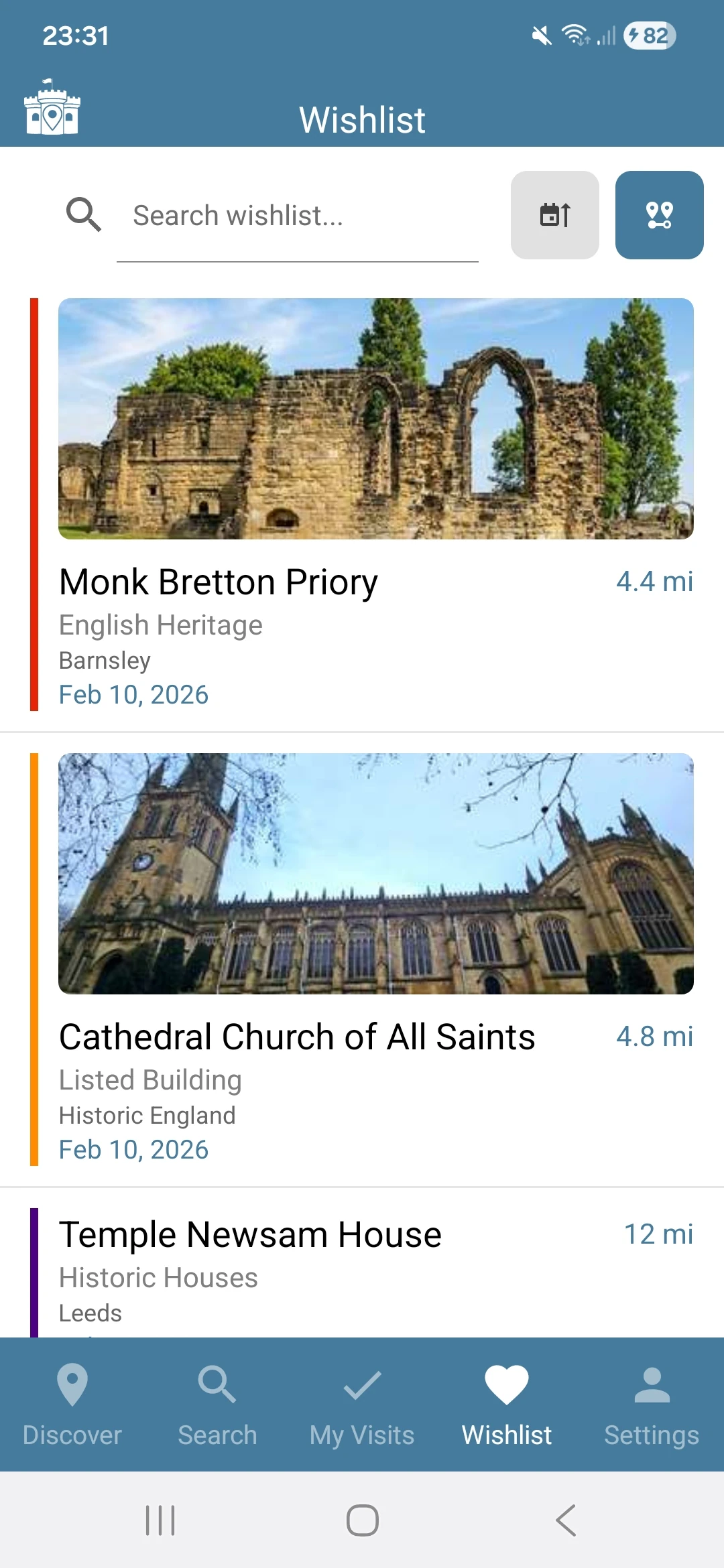 The wishlist in the Visit History app, with Temple Newsam House and Nostell Priory