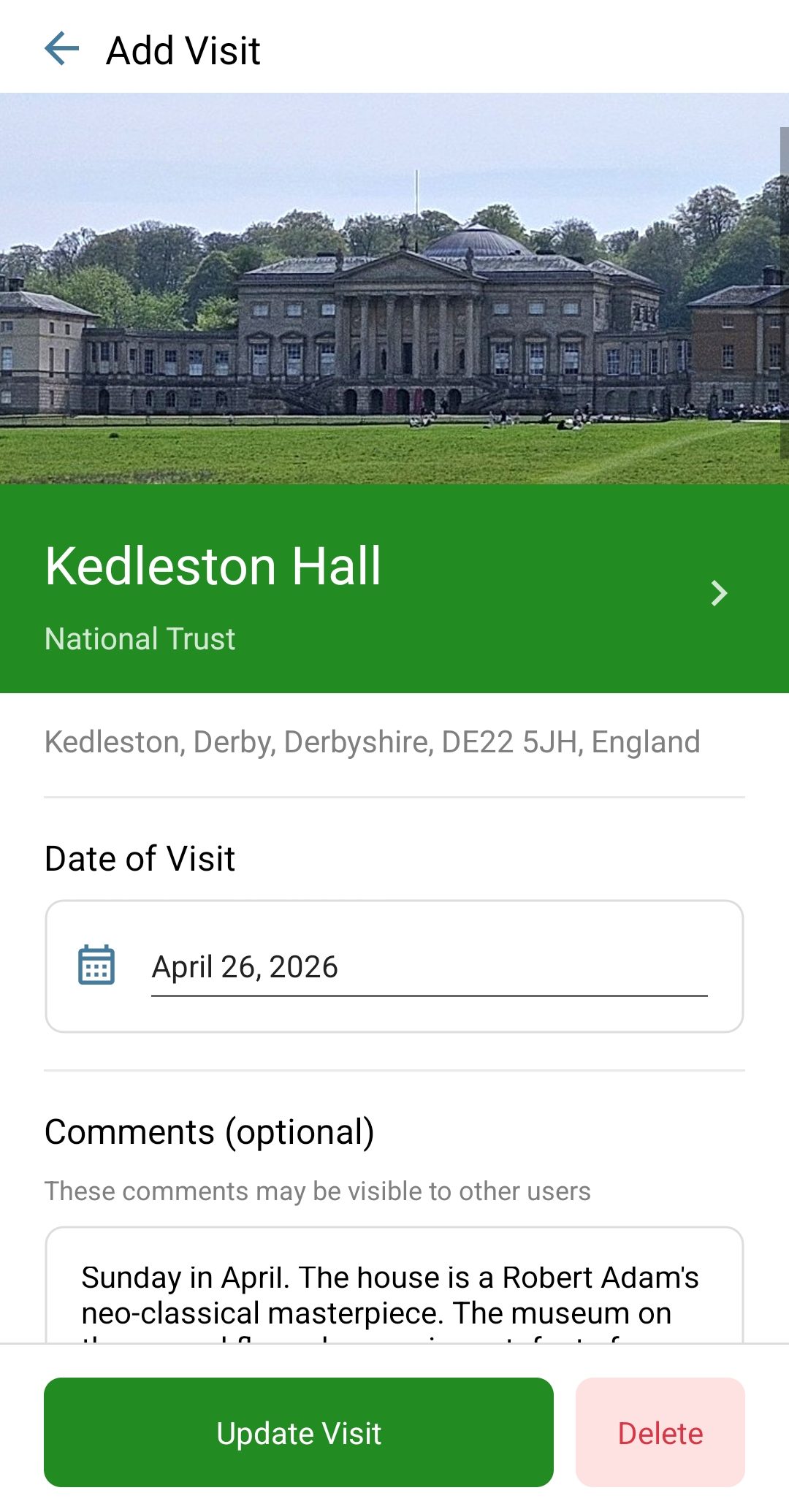 Recording a visit to Kedleston Hall with a date and comments