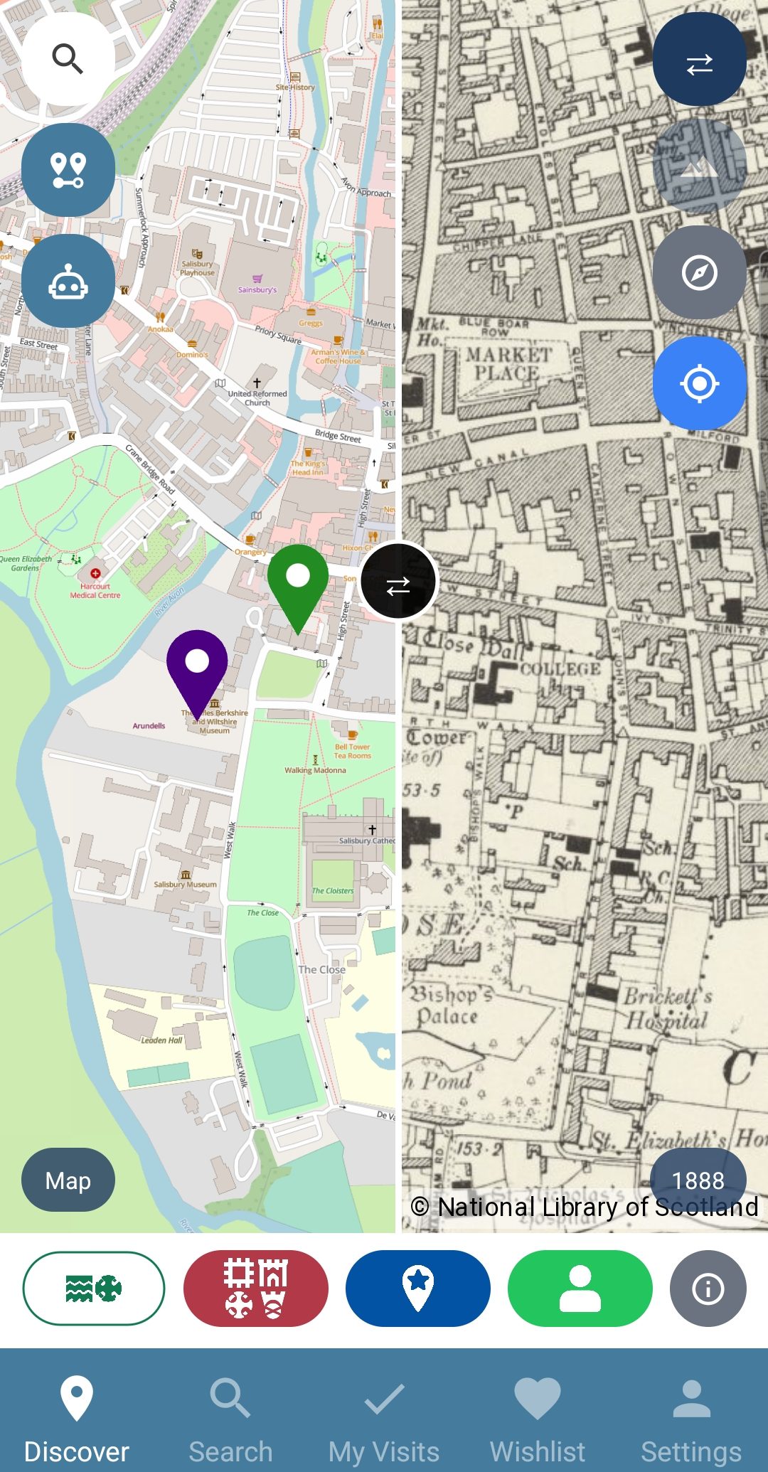 The app's split view over Salisbury, today's map beside the 1888 sheet