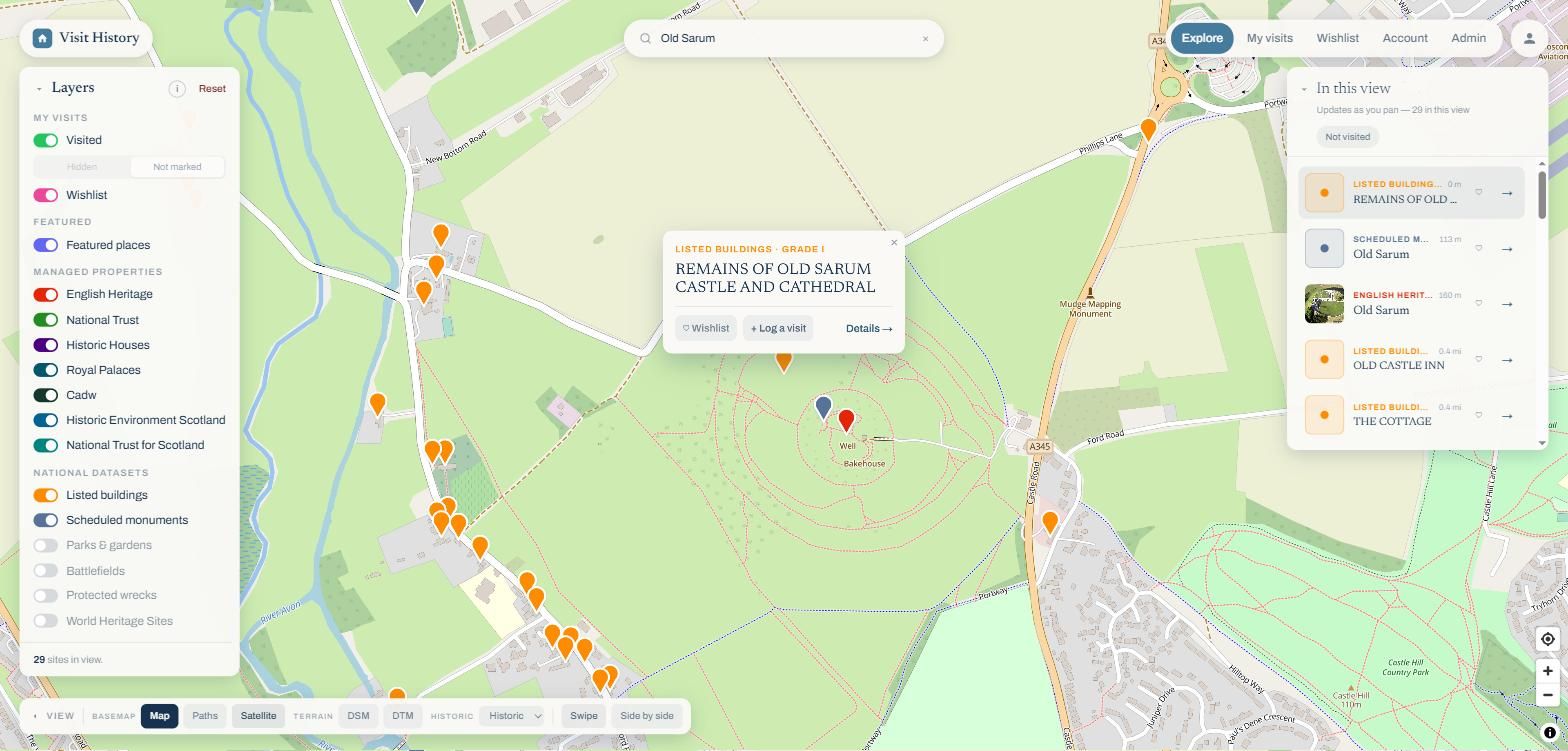 The web map explorer with the layers panel, results panel and a site popup