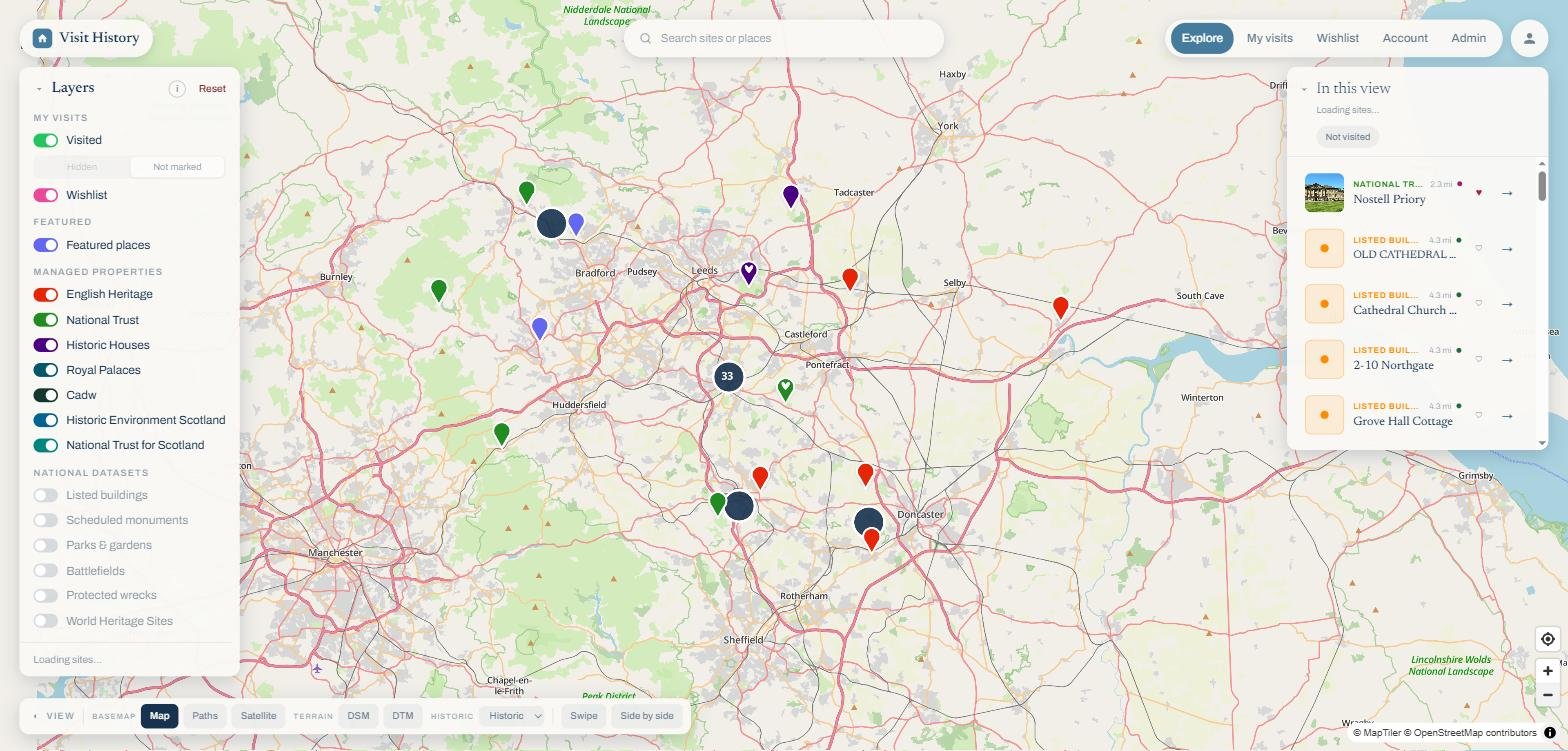 The web map explorer's layers panel over Yorkshire, with English Heritage, National Trust and Historic Houses pins in their own colours