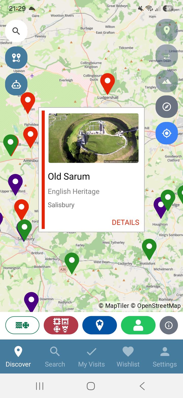 The Discover map in the app, with a site card open for Old Sarum